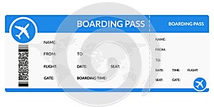 Plane ticket. Airline boarding pass template. Airport and plane pass document. Vector illustration.